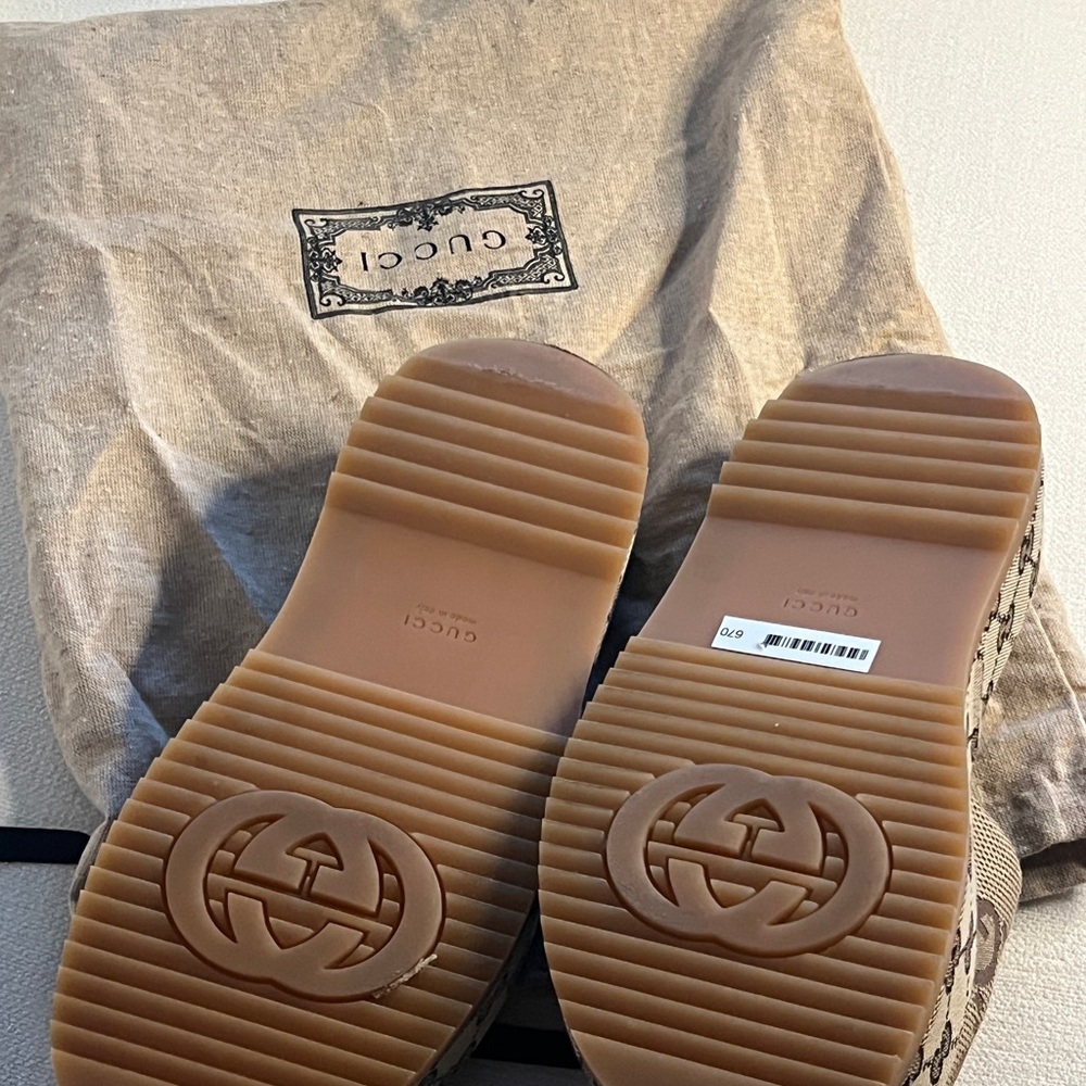 Gucci Tan Monogram Platform Slides - image 6